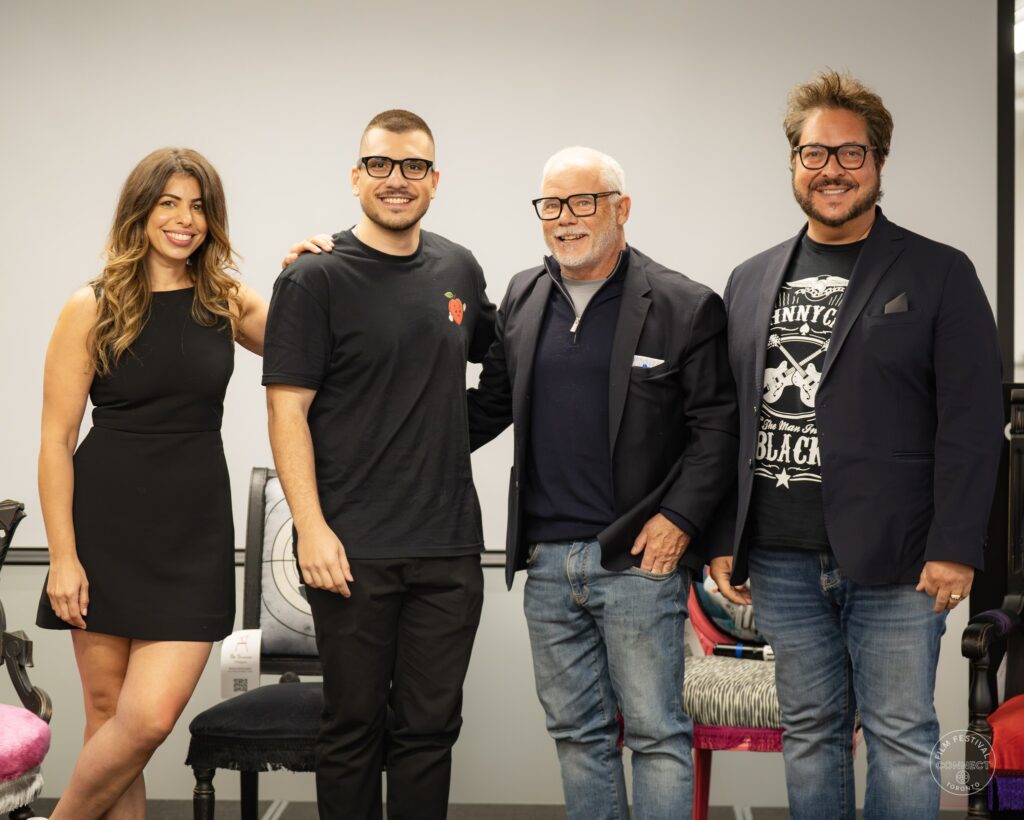 The four Panel 3 participants stand together for a smiling portrait after the conversation. AI & Film Forum, Panel 3, September 14, 2026.