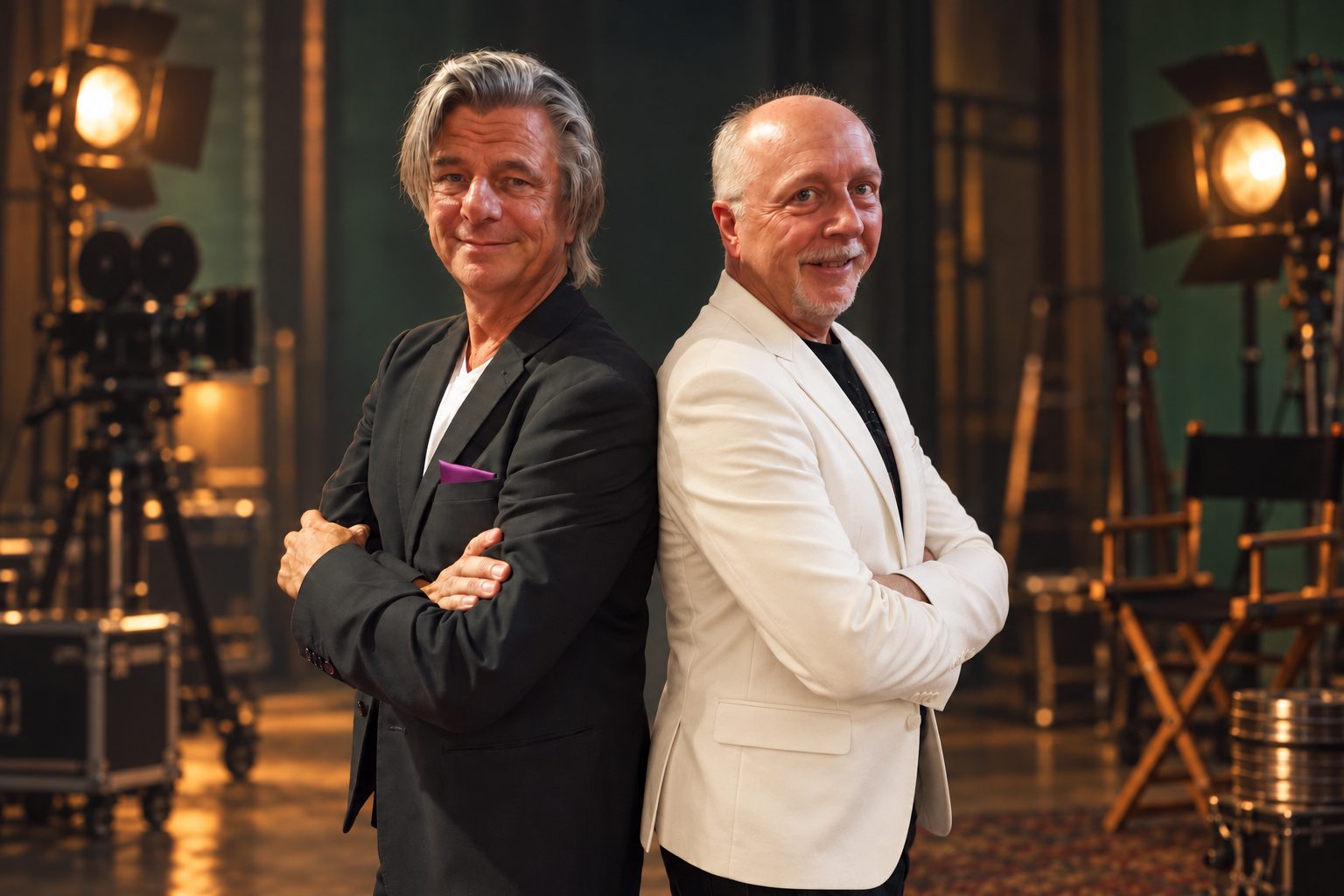 Film Festival Connect co-founders Gordon Weiske, left in a black jacket, and Richard J. Railey, right in a white jacket, standing back-to-back in an edited film-studio portrait.